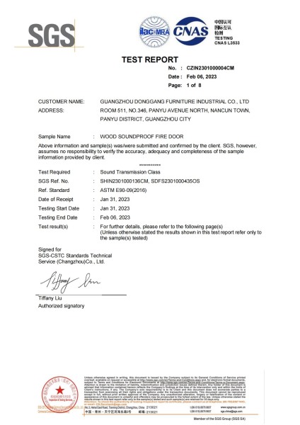 Fire and sound insulation door test report (40 decibels)