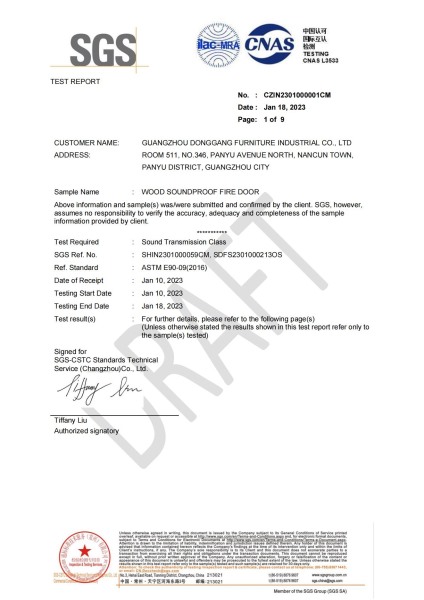 Fire and sound insulation door test report (30 decibels)