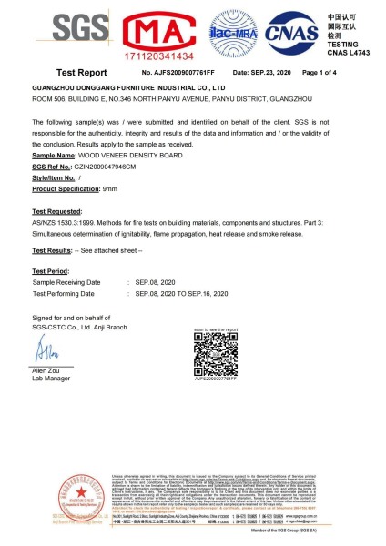 Wood veneer multi-layer plywood Australian standard flame retardant testing